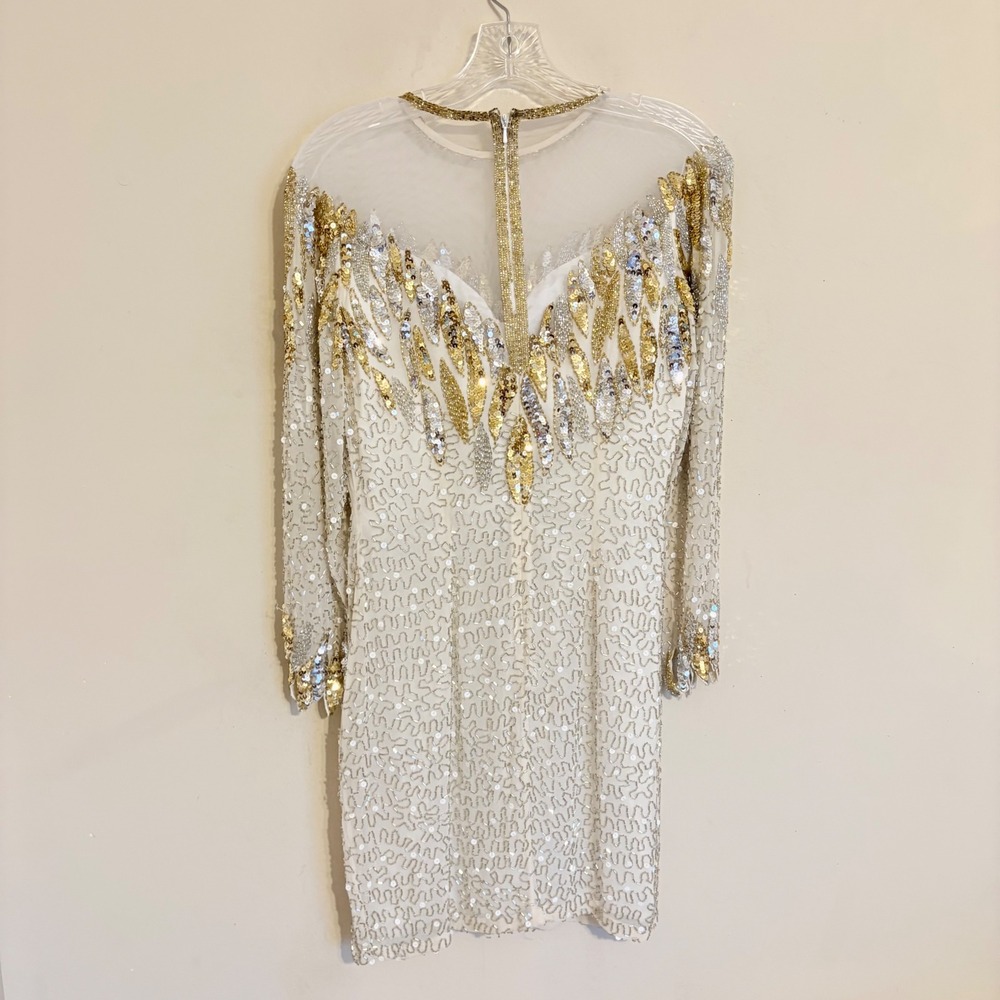 Nite Line Silk Sequin Bead Mini Dress White Gold Silver Vintage Size 6